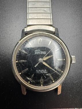 Vtg Jules Racine 17 Jewels Incabloc Mechanical Watch Black Dial Silver Working